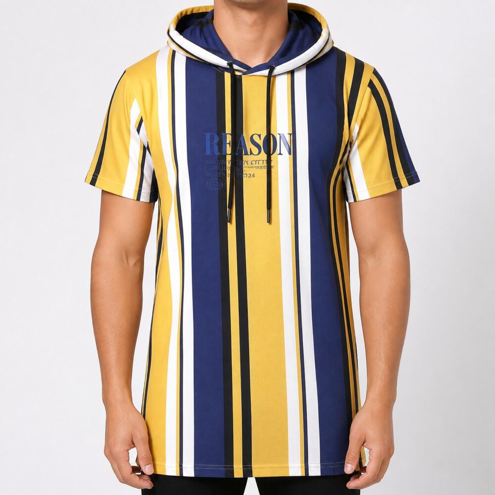 Reason Hoodie Mens M Yellow Blue Cotton Striped Short Sleeve Draw String